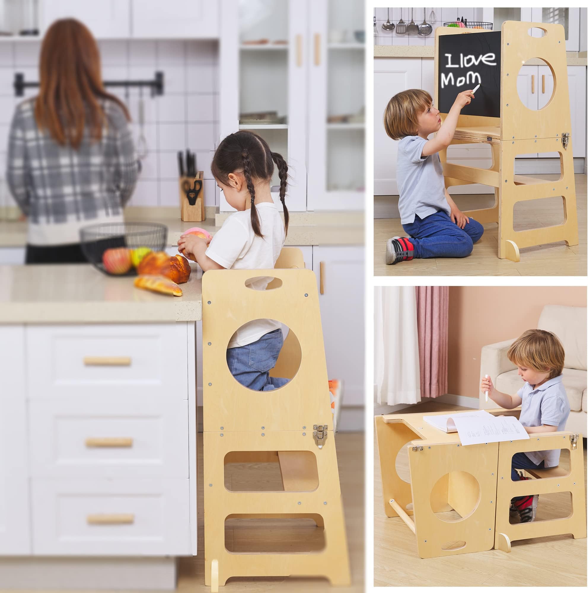 4-in-1 Montessori Learning Tower with Chalkboard and Safety Rail
